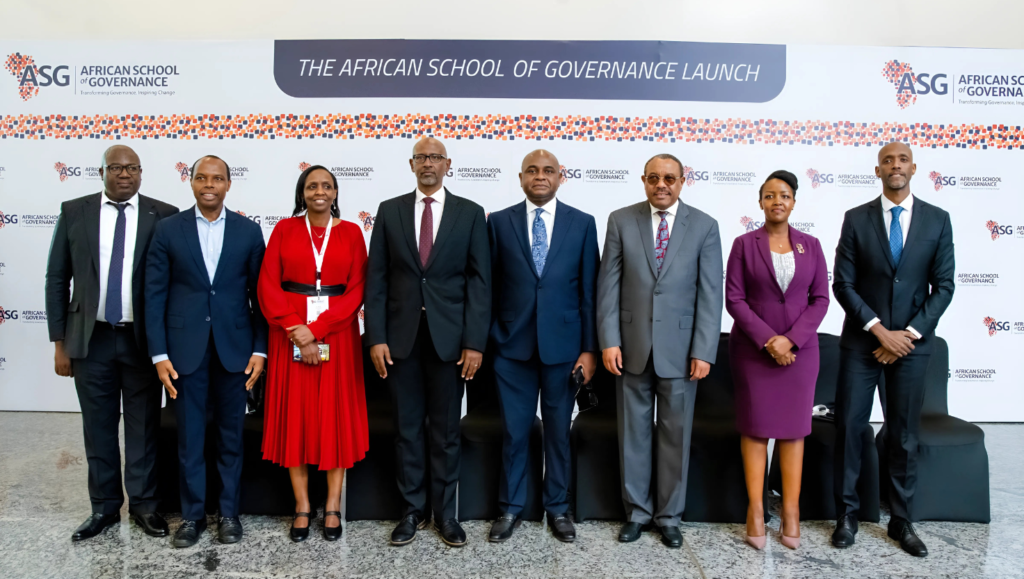 ASG Grand Launch (left to right) Hon. Mugenzi Patrice (Minister of Local Government - Republic of Rwanda), Mr. Francis Gatare (Senior Advisor, Office of the President – Republic of Rwanda), Dr. Agnes Kalibata (President, Alliance for Green Revolution in Africa - AGRA), Hon. Joseph Nsengimana (Minister of Education - Republic of Rwanda), Professor Kingsley Moghalu (President of African School of Governance), H.E Hailemariam Desalegn (Co-Founder of ASG & Guardian, ASG Foundation), Hon. Paula Ingabire (Minister of ICT & Innovation - Republic of Rwanda), Mr. Jean Guy Afrika (Chief Executive Officer – Rwanda Development Board)