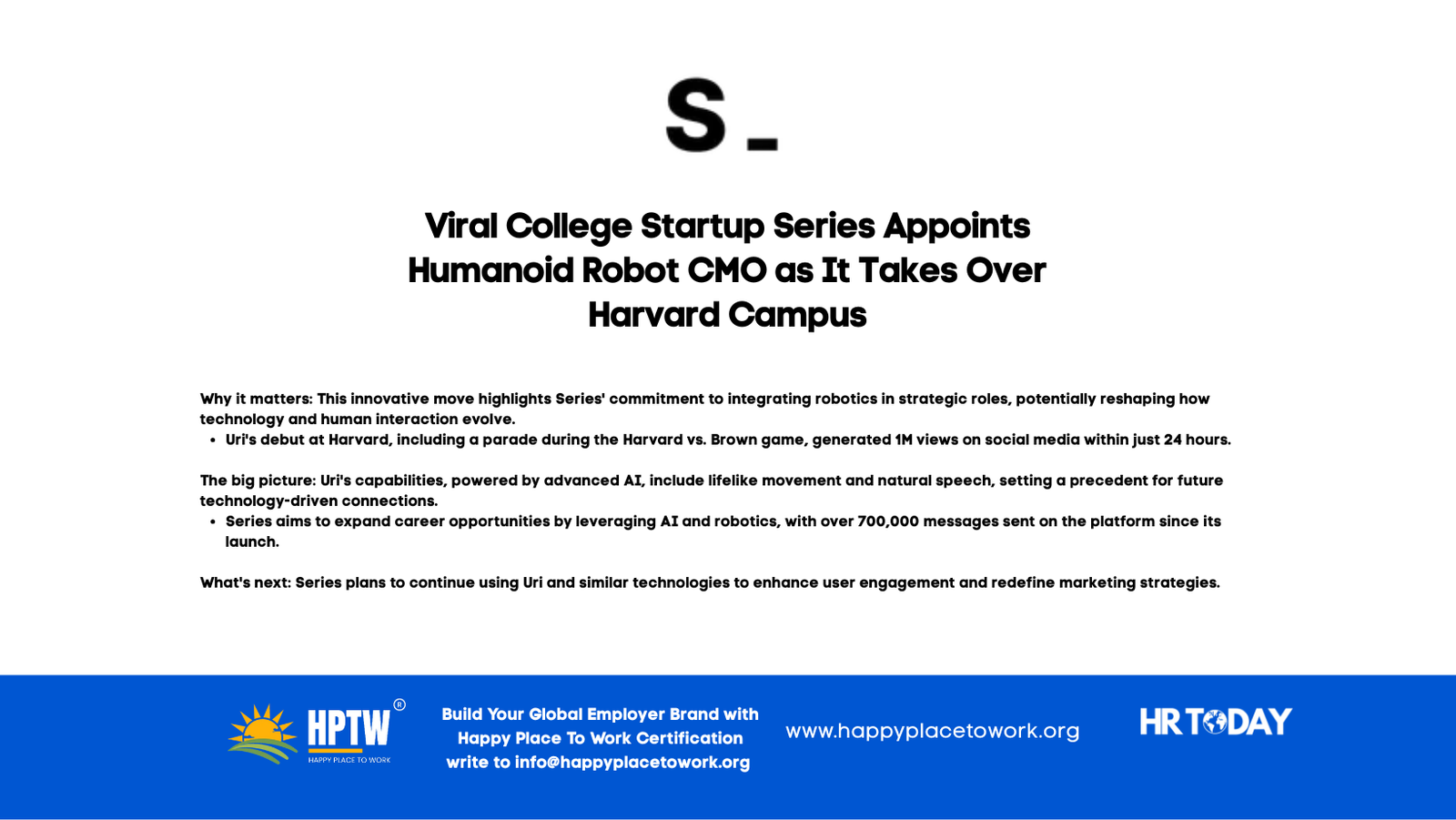 Viral College Startup Series Appoints Humanoid Robot CMO as It Takes Over Harvard Campus
